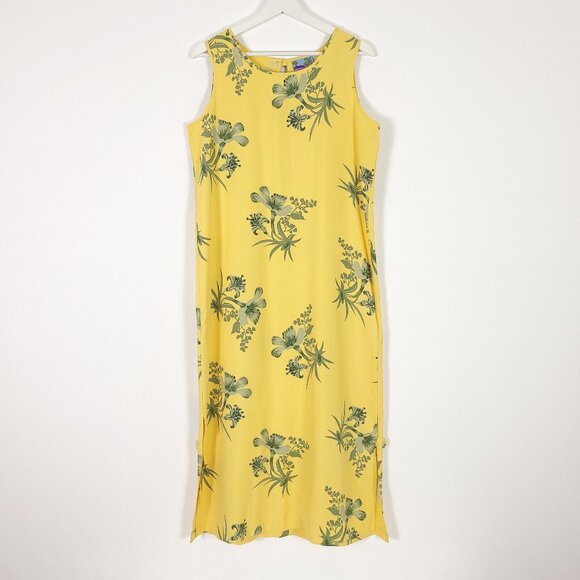 Yellow Silk Tropical Print Sleeveless Maxi Dress - Picture 1 of 9